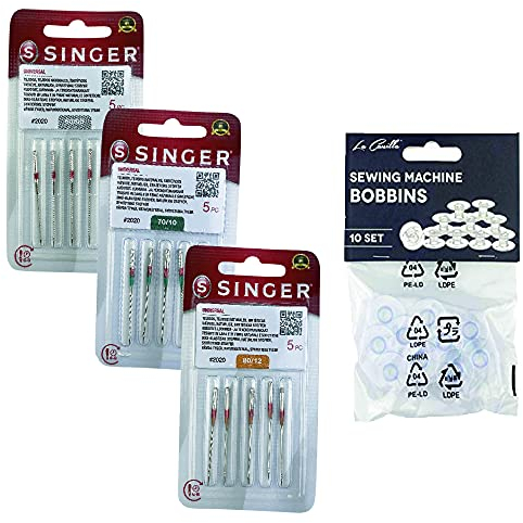 Packung mit 15 Nähmaschinennadeln für Singer 2020, Universalgewebe, Baumwolle und Synthetik, System 130/705 H (flach auf einer Seite), Stärken 60-70-80 (fein) + 10 transparente Spulen