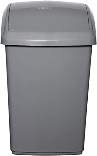 VR7 Swing Bin with Lid Large Plastic Rubbish Trash Can Bedroom Dustbin for Home Office Silver/50L