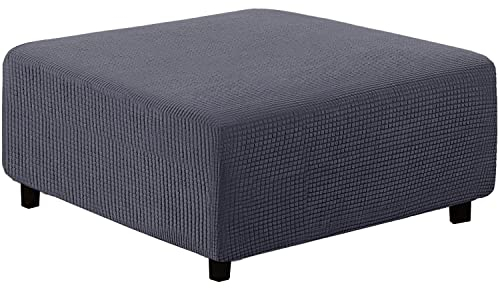 qiden Quadratischer Hockerbezug Stretch-Ottomanenbezug Plüsch, 10% Dicker großer Stretch-Hockerbezug Anti-Rutsch-Fußhocker Schonbezüge mit elastischer Unterseite-grau-M
