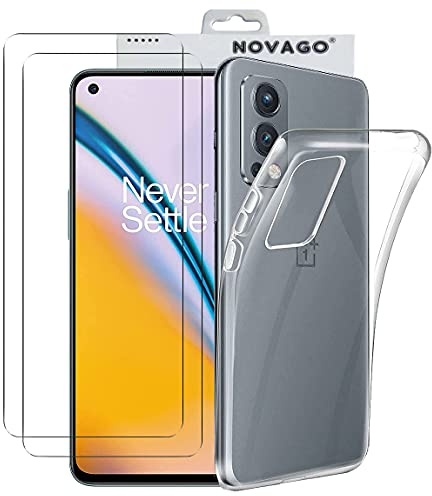 NOVAGO Compatible avec 1+Nord 2 5G, OnePlus Nord 2 5G -Pack Complet- Coque Résistante Transparente + 2 Films Protection écran Verre trempé (Transparent)