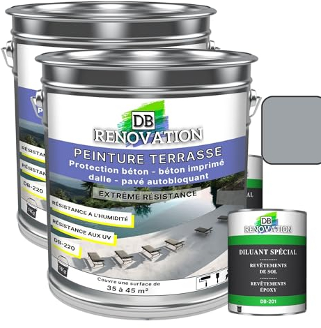DB Rénovation PEINTURE SOL TERRASSE Extérieur pour béton, pavé - Forte protection UV - Haute imperméabilité - Passage fréquent - Gris fenêtre 10KG + 2L Diluant