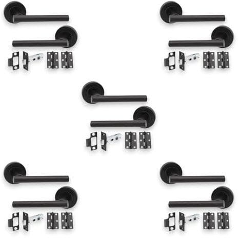 Infinity Decor Pack of 5 Pair Matt Black T-Bar Lever Door Handle on Rose with Tubular Latch and Hinges Set Interior Pull Handles for Home and Office use