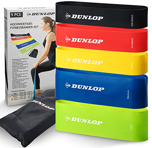 DUNLOP Fitness Band Fitnessbänder Set - 5 Resistance Bands für schnelle Krafttraining Erfolge - Premium Widerstandsbänder in 5 Stufen als LongLife+ Latex Bänder Set