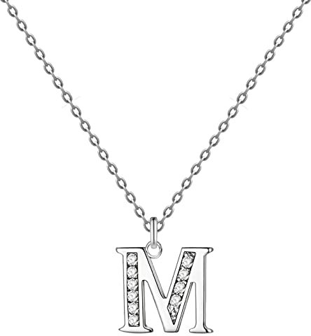 cotigo - Buchstaben-Halskette Damen aus Edelstahl mit funkelndem Zirkonia-Stein - Buchstaben Initialen-Anhänger A-Z - Geschenk für Damen, Muttertag, Jahrestag (M - Versilbert)