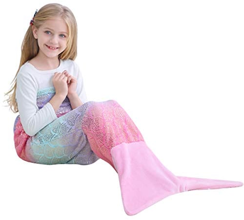 VHOME Kinder Meerjungfrau Decke Geschenke - Warmes Wohnzimmer Sofa Decke Kinder Kuscheldecke Für Weihnachts Geburtstagsgeschenk (K3-Regenbogen rosa, Kinder 145x60CM)