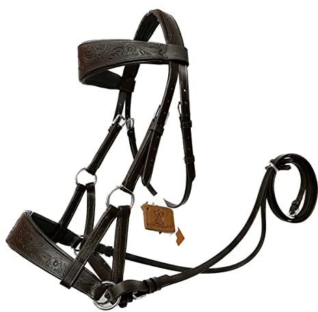 AMAZING HORSE STUFF Sidepull gebisslose Trensenzaum mit Designer-Handschnitzerei auf Augenbraue & Reithalfter oval geformt braun (Full, Cob, Pony) (Cob)