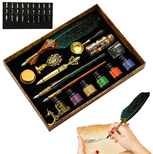 Quill Stift und Tinte Set | Vintage Kalligraphie Federstift zum Schreiben - Dip , Siegelwachs, Siegelstempel, Löffel, Umschlagwerkzeug, Bestes Geschenkset zum Schreiben, Zeichnen, Unterschriften