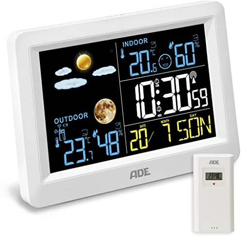 ADE Funkwetterstation mit Außensensor | Hygrometer mit Schimmelindikator | Thermometer für innen und außen | animierte Wettervorhersage | Wecker mit 2 Weckzeiten | weiß