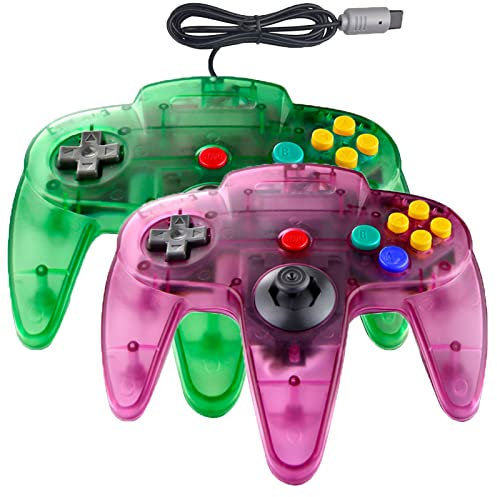 Hovlian 2 Pack Classic N64 Controller,Wired N64 64-bit Gamepad Joystick for N64 Console(Clear Purple and Clear Green)