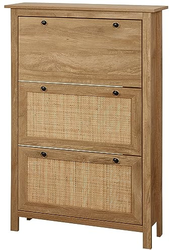 HOMCOM Schuhkipper, Schuhschrank mit 3 Fächern, Schuhständer für 18 Paare, Schuhaufbewahrung mit Rattenoptik, für Flur, Eingangsbereich, 80 x 23,5 x 121,5 cm, Natur