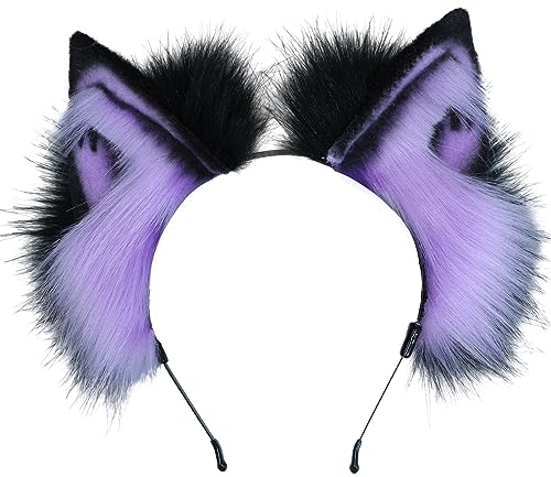 Kidukso Tierohren Kopfschmuck Kopfbedeckung Katze Hund Wolfsohren Fuchsohren Stirnband Pelztierohren Haarband Cosplay Kostüm Zubehör Handgefertigt Erwachsene Pelzohren Anime Dress Up Props, Lila