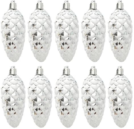 Smbcgdm Handgefertigte Tannenzapfen Ornamente Tannenzapfen Kugel Weihnachten 10 Stück Kunststoff bemalte Anhänger mit Lanyard Weihnachtsdekoration Requisiten Silber 10 Stück
