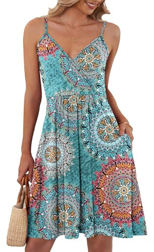 AUSELILY Womens Summer Dress V Neck Spaghetti Strap Dress Casual Beach Dresses for Women UK with Pockets Print Green S