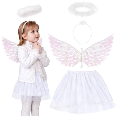 Fennoral 3tlg Engel Kostüm Kinder, Engelsflügel mit Tutu Rock Halo Stirnband, Weiß Federflügel Heiligenschein Mädchen, Christkind Krippenspiel Angel Teufel Cosplay Kinderkostüm für Karneval Fasching