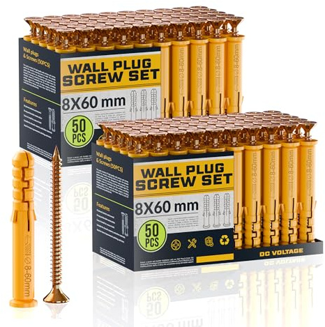 DC VOLTAGE 50pcs x 2 Wall Plugs and Screws Set 8 x 60 mm Anchor Bolts For Masonry Brick Concrete Heavy Duty Brick Concrete Fixings Plugs Assorted Set