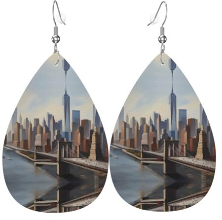 New York Gemälde, modische Ohrringe in Tropfenform, stilvoll und schön, leicht, baumelnd für Damen und Mädchen, Einheitsgröße, Leder