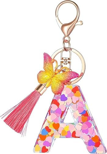 Schlüsselanhänger für Damen Mädchen Schlüsselringe Anfänglicher Schlüsselbänder Schlüsselbundbuchstabe mit Quaste Schmetterling Pailletten für Handtaschen Handytaschen Rucksack Anhänger Charm A