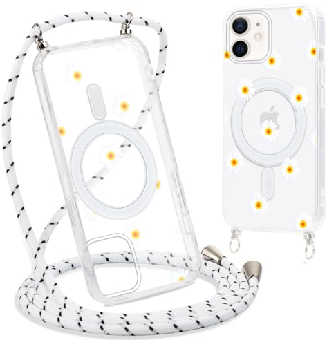 Yoedge Magnetisch Handyhülle Handyband für iPhone 12 mini 5,4 Hülle mit Band, Transparent Case Kompatibel mit Magsafe, Silikon TPU Stoßfest Kordel zum Umhängen Schutzhülle mit Aesthetic Muster Daisy