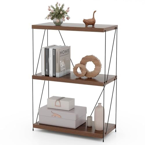 COSTWAY Standregal freistehend, Bücherregal mit Metallrahmen, industrielles Aufbewahrungsregal, Lagerregal Walnuss für Schlafzimmer, Wohnzimmer, Heimbüro (3 Ebenen, 61 x 29,5 x 85,5 cm)