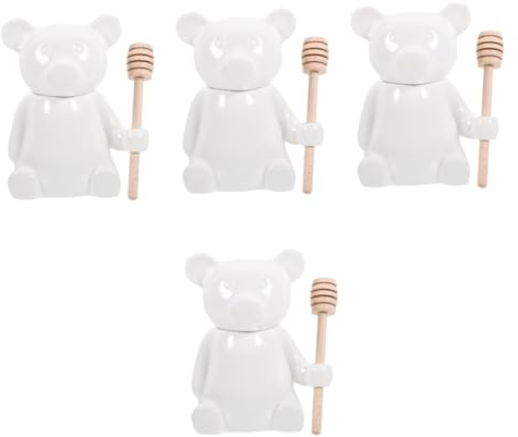 Ciieeo 4sets Ceramic Honey Storage Jar Bear Honey Pot Wooden Spoon Candy Jar for Kitchen