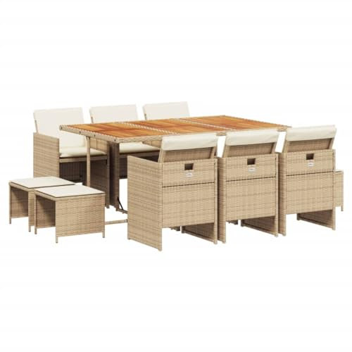 vidaXL Garten Essgruppe 11-TLG., Gartenmöbel Set mit Kissen, Gartengarnitur Tisch 6 Stühle 4 Hocker, Sitzgruppe Sitzgarnitur, Beige Poly Rattan