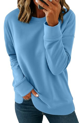 SMENG Women's Sweatshirts Casual Solid Color Pullover For Women Long Sleeve Round Neck Winter Tops For Women UK Blue M