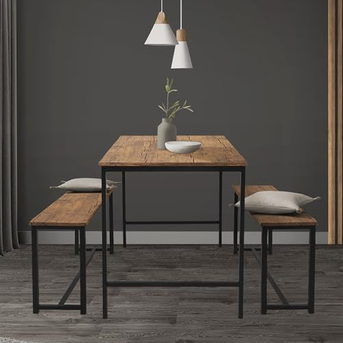 ML-Design Esstisch Set 3-teilig, Eiche-Rustikal, Esszimmer Set mit Tisch & 2 Bänken, Essgruppe für 4 Personen, Sitzgruppe Küchentisch Metallrahmen, Bartisch Set, Esszimmergruppe für Küche & Esszimmer