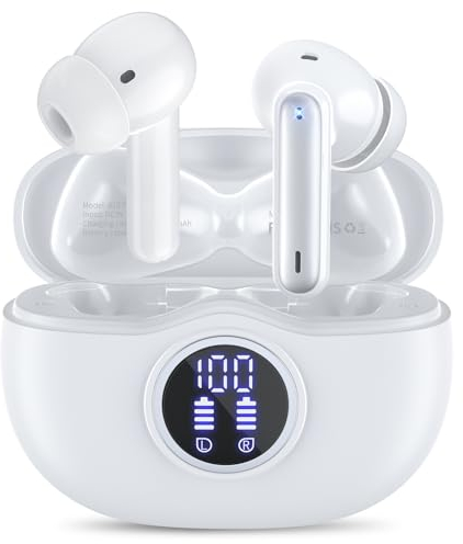 Cuffie Bluetooth, Auricolari Bluetooth 5.3 con 4 Mic Cuffie Wireless Bluetooth, ENC Cancellazione Rumore HiFi Stereo LED Display IP7 Impermeabili Touche Contro Cuffie Senza Fili per Android iOS Bianco