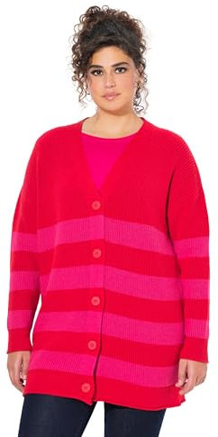 Ulla Popken Strickjacke, Streifen, Boxy, V-Ausschnitt, Rollkanten Cardigan, Fuchsia, 50-52 Femme