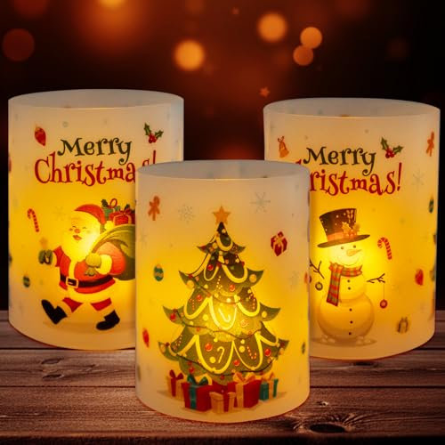 BOOMTOP 12Pcs Windlicht Tischdeko Weihnachten Kerzen Deko Mini Windlichter Weihnachten Teelichter Lichthülle Weihnachtsbaum Santa Schneemann Merry Christmas Weihnachtsdeko Tisch Kerzen Dekoration