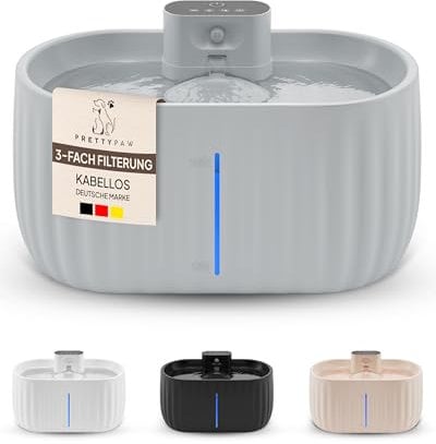 Pretty Paw© Katzenbrunnen mit Bewegungsmelder I Trinkbrunnen für Katze [KABELLOS] mit 45 Tagen Akku I Wasserbrunnen für Katzen mit Filter & 3 Liter Wassertank I Katzen Trinkbrunnen Aqua Sense (Grau)