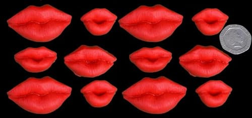 12 x Edible 3D Mixed Sized Lips icing toppers, cake cupcakes decorations (Red)