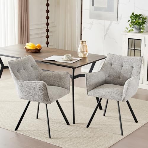 Ckaff Drehbare Esszimmerstühle 2er Set, Küchenstuhl mit Armlehne Rückenlehne, Polsterstuhl Armlehnstuhl mit Metallbeinen Loungesessel für Wohnzimmer, Esszimmer, Schlafzimmer, Lesee, Grauweiß