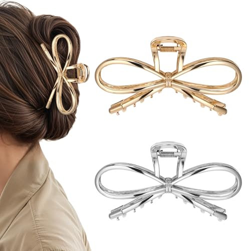 Schmetterlings Haarspangen aus Metall für Damen, 2 Stück 4,5 Zoll Große Haarspangen mit Schleife aus Metall, Süße Haarspangen in Schleifenform für Dickes und Dünnes Haar, Starker Halt(Gold, Silber)