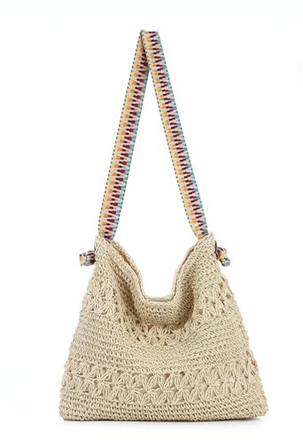 Syrads Borsa a tracolla da donna in paglia tessuta Borsa di paglia da spiaggia per le vacanze estive,Beige