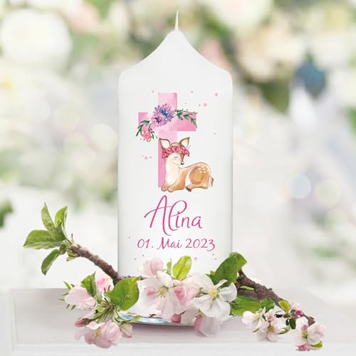 Wandtattoo Loft Taufkerze Mädchen personalisierte Patenkerze, Motiv mit Jesuskreuz und Rehkitz, 18cm x 7cm, personalisierte Kerze, bedruckte Kerze Taufe, Stumpenkerze, Taufgeschenk