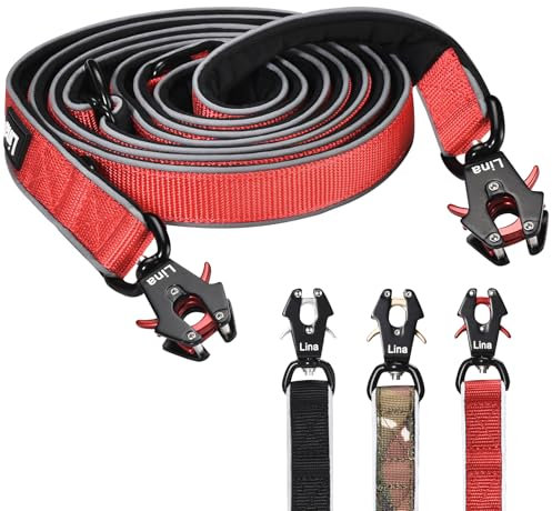 Lina Hundeleine - 2,5M - Verstellbare & Doppelleine mit Neopren - Polsterung - Reflektierende Laufleine - Freihändige - Umhängeleine mit 2 Froschkarabinern (Rot)