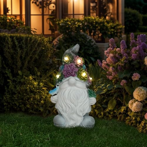 Juliahestia Statuetta a forma di gnomo solare che si illumina: statua in cemento con piante grasse e farfalle, decorazione da giardino, decorazione per esterni, decorazione da cortile, festa della