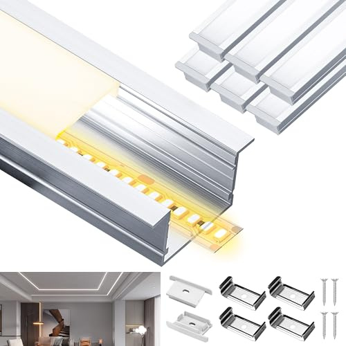 Brillivanture Profile alu pour ruban led 6 x 2M, profilés en aluminium U, profilé led, profile led pour canaux LED/rails LED, avec 6 diffuseurs blancs, 24 embouts et 24 vis