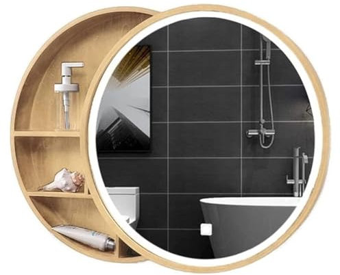 Easnuroz Armoire De Toilette Ronde De 50/60/70 Cm avec Miroir Coulissant Et Fixation Murale, Meuble De Rangement À Une Porte, avec 2 Niveaux.(Wood,60 * 60cm)