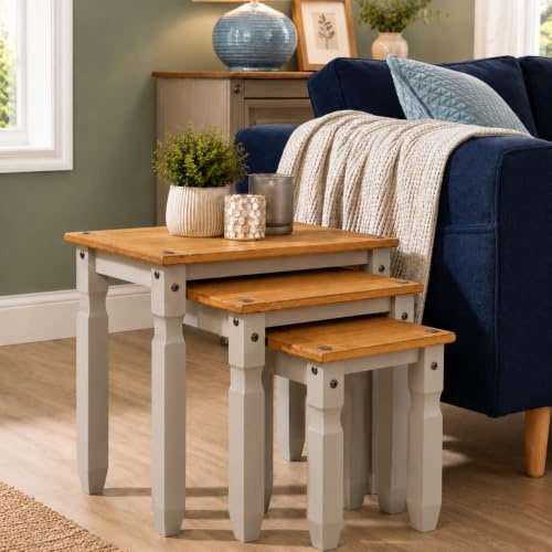 Corona Nest of Tables Solid Pine Wood Set of 3 Living Room Grey Painted H51 x W53 x D36cm