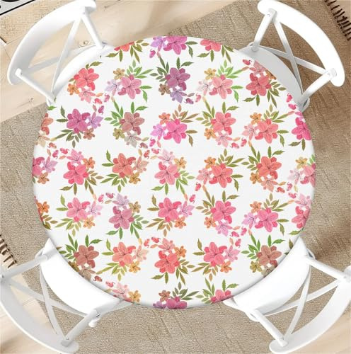 Outdoor Runde Tischdecke mit Gummizug Ø 52in(130cm)- Elastisch Garten tischdecke mitRosa Blumen Muster Passend für 115-125cm