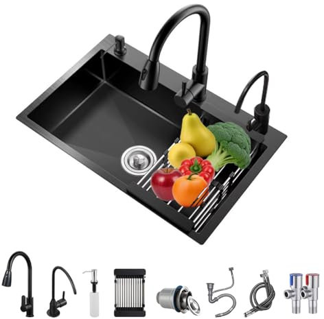 Fregadero de cuenco único negro,Acero inoxidable de gran capacidad gota en fregadero de cocina,Topmount Fregadero con múltiples accesorios (Grifo extraíble, 55 * 45cm)