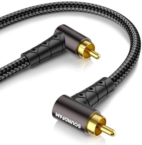 SOUNDFAM Dual 90 Degree RCA Cable 1M, Double Right Angle RCA Subwoofer Cable [24K Gold-Plated Connectors,Cotton Braided Jacket] for Home Theater,Subwoofer,Hi-Fi Systems (Black)