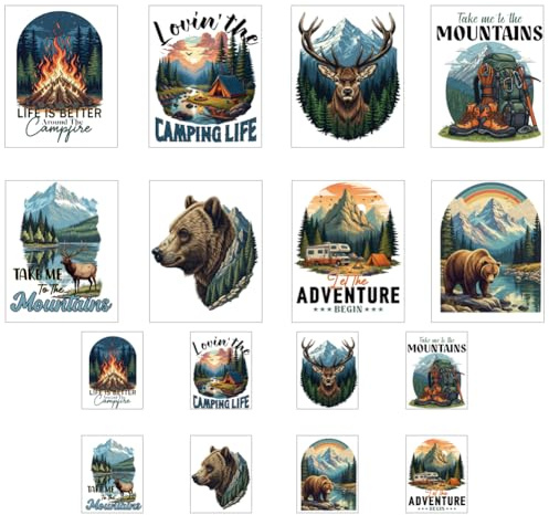 ANATTASOUL 16Pcs Abenteuer und Camping Bügelbilder Für Textilien Kleidung | 6.5 x 8 CM/18 x 22 CM Schnell & Einfach Bügelbild DIY Sticker zum Aufbügeln Bügelbilder Erwachsene für Hosen, Hüte, Taschen