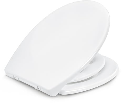 Amazon Basics Siège WC Ovale Familial avec Anneau Amovible pour Enfant, Fermeture en Douceur, Charnières à Déclipsage Rapide, Taille Universelle, Urée Antistatique, Finition Porcelaine, Blanc