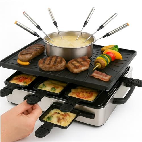 Raclette Fondue Set 8 Personen Set - mit Topf & Grillplatte - inkl. Pfännchen & Schaber (Fondue Set)