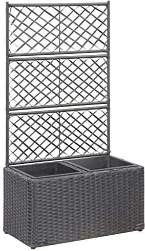 SKTQYQO Hochbett mit Rankgitter mit 2 abnehmbaren Pflanztöpfen aus Polyrattan, schwarz, 58 x 30 x 107 cm, für Kletterpflanzen, Blumenkasten für den Außenbereich, mit integriertem Ständer