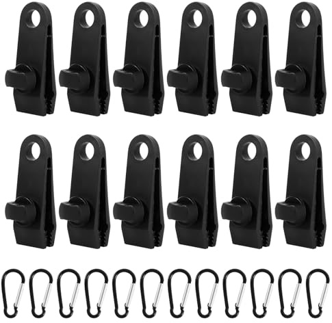 12 Stück Tarp Clip Clamp, 80×25mm Planenclips Zeltklammern Einstellbar mit 12 Karabiner Clips, Hochleistungs-Plane Clips Set für Plane Zelt Abdeckungen Markisen Banner Gartenarbeit
