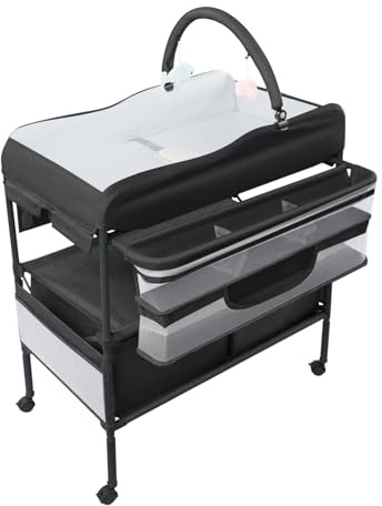 ZNLLQZN Tragbarer Baby Wickelkommode Mobiler Babywickeltisch, Wickeltisch Klappbarer und Höhenverstellbarer mit Seitentaschen, Regal, Aufbewahrungskorb und 2 herausnehmbare Schubladen (Schwarz)